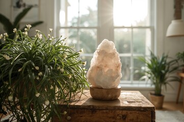 Close-up view of a salt lamp and a plant placed on a wooden crate by a window