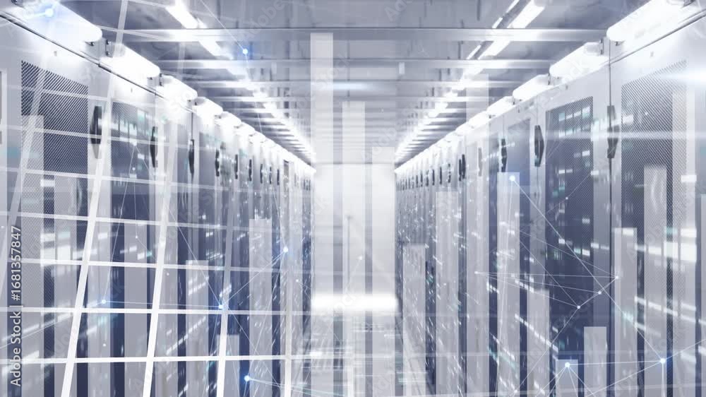 Aufkleber animation of network of connections and data processing over server room