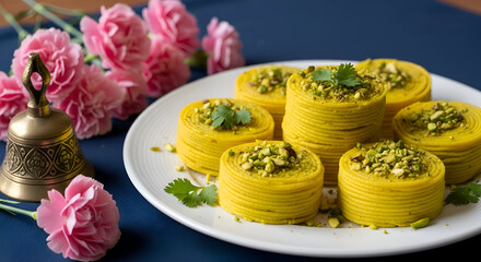 Plate of yellow desserts with pistachios and pink flowers