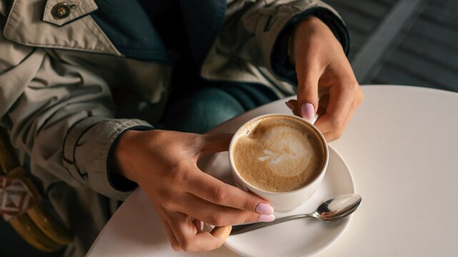 Close-up of woman’s hands in trench coat gently holding a cup of cappuccino with latte art, seated at a white table in a cozy outdoor café setting