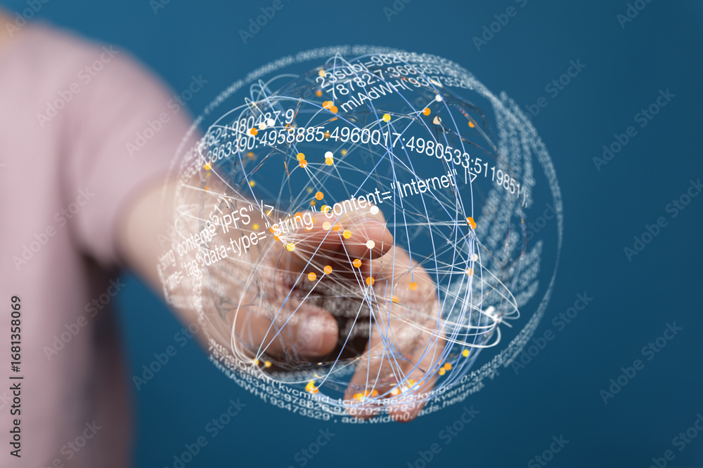 Poster person's hand touches a digital sphere filled with data points and code, symbolizing global connecti