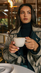 Young woman in a beige trench coat holding a cappuccino cup, seated at a round white table in a stylish cafй, looking thoughtfully into the distance