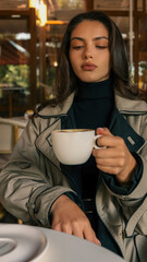 Young woman in a beige trench coat holding a cappuccino cup, seated at a round white table in a stylish cafй, looking thoughtfully into the distance