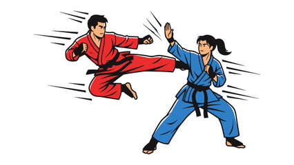 Obraz premium Karate Demonstration: Dynamic karate demonstration showcasing precise movements and powerful techniques between two martial arts practitioners. 