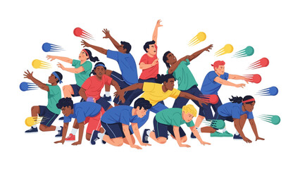 Dodgeball Dynamics: A dynamic illustration captures a flurry of motion as diverse athletes engage in a spirited game of dodgeball, embodying the energy and teamwork.