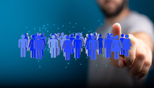 Image depicts digital network of diverse people. Ideal for social media, networking, and community concepts.