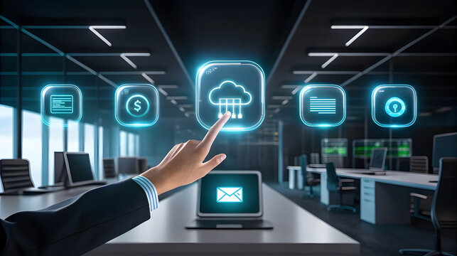 Business professional interacts with futuristic holographic cloud computing interface in modern boardroom - Powered by Adobe