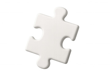 Fototapeta premium Single white jigsaw puzzle piece floating on a transparent background, representing problem-solving, teamwork, and connection