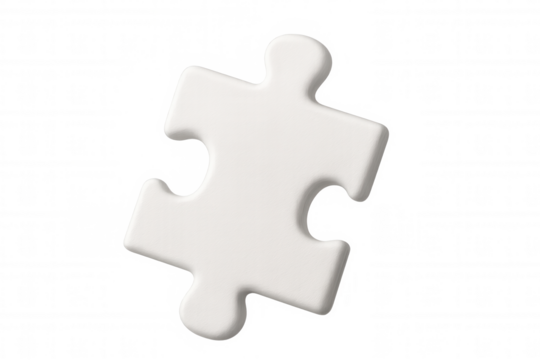 Single white jigsaw puzzle piece floating on a transparent background, representing problem-solving, teamwork, and connection