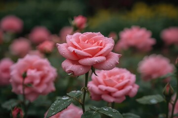 Fototapeta premium A soft pink rose shines amidst a sea of blurred blossoms in a flourishing garden, adorned with gentle raindrops on its petals, highlighting nature's elegance.