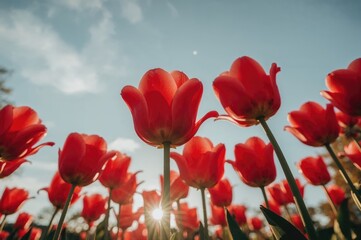 Vibrant red and pink tulips captured from below at sunset with a gentle, dreamy filter and a very shallow depth of field