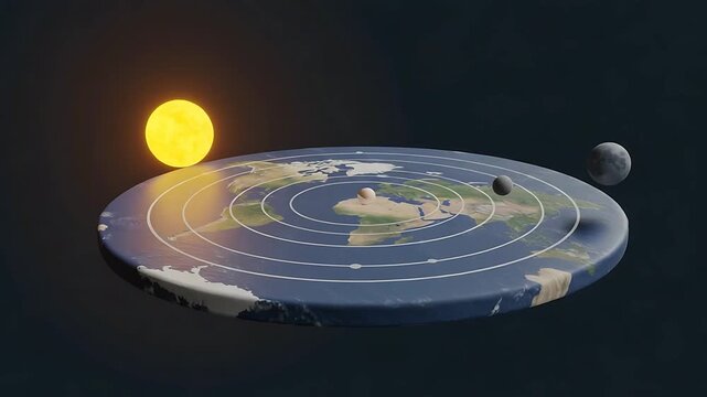 Visualizing the Flat Earth Model: Sun, Moon, and Geocentric System in a 3D Animated Concept