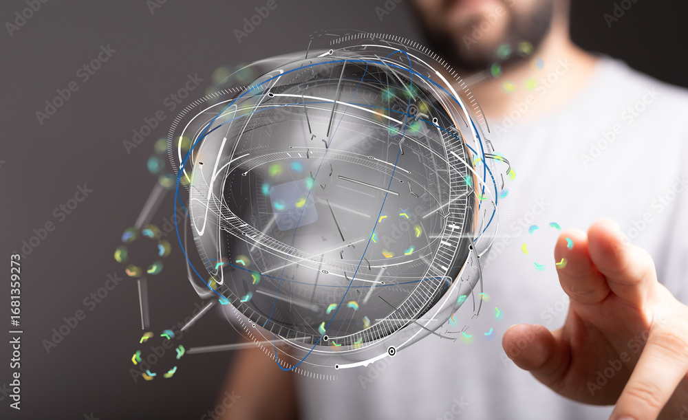 Aufkleber abstract image of a person interacting with a holographic digital globe, representing technology and