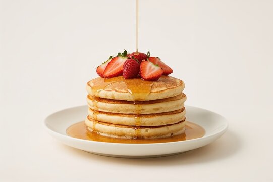 Strawberry-topped pancake drizzled with syrup and cream, set against a white backdrop, featuring fresh fruit and honey, perfect for a nutritious breakfast meal