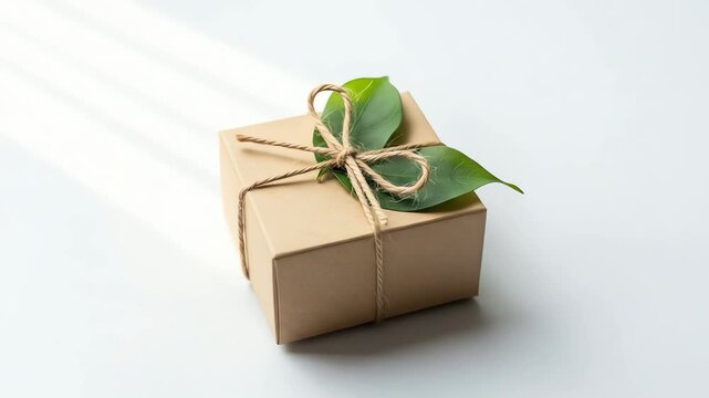 Close-up of a wrapped gift box with a leaf on kraft cardboard background.