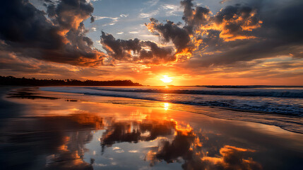 A golden sunset over the calm ocean, with perfect relections on the water&rsquo;s suface at a peaceful beach.