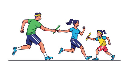 Family Relay Race: A family participates in a relay race, focusing on teamwork, speed, and the joy of athletic competition, highlighting values of togetherness and healthy activity.