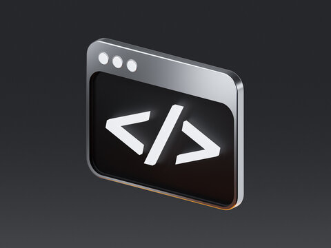 3D icon of a browser window with HTML code brackets, symbolizing programming, web development, and digital technology.