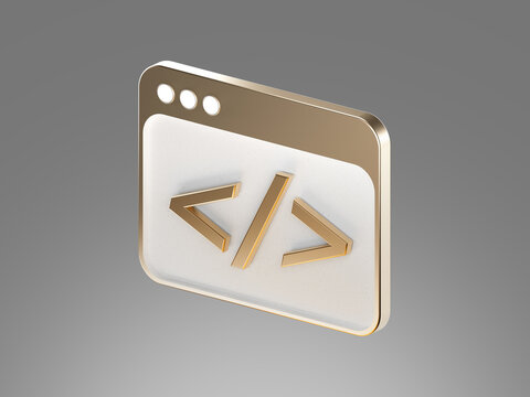 3D icon of a browser window with HTML code brackets, symbolizing programming, web development, and digital technology.