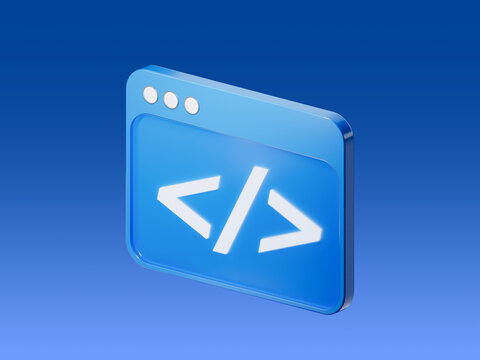 3D icon of a browser window with HTML code brackets, symbolizing programming, web development, and digital technology.