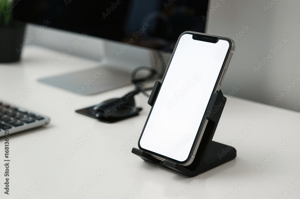 Poster mobile device resting on stand displaying blank white screen with workspace backdrop