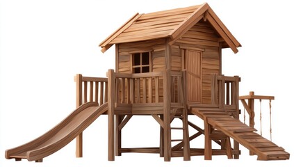 Wooden playhouse with slide and rope swing. A child's wooden playhouse, complete with a slide, small balcony and rope swing. The playhouse is depicted in a light brown wood tone