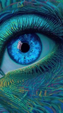 Generative AI. Close-up of a vibrant blue eye with intricate patterns and textures, showcasing a blend of colors and artistic details, emphasizing the beauty of human vision and creativity