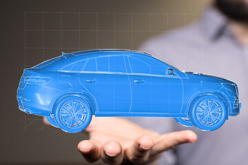 Futuristic car design. 3D model of a sleek blue vehicle.