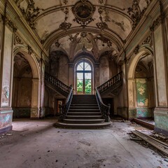 Grand, decaying staircase in an ornate hall