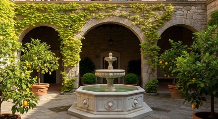 Serene European courtyard with a classic stone fountain and vibrant lemon trees, framed by lush green ivy on ancient archways, evoking a tranquil historic garden
