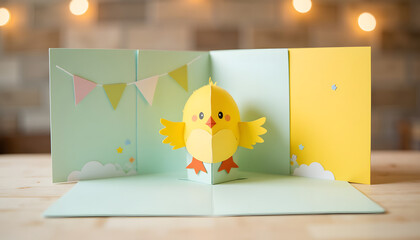 Pop-up card featuring yellow chick with colorful decorations inside  