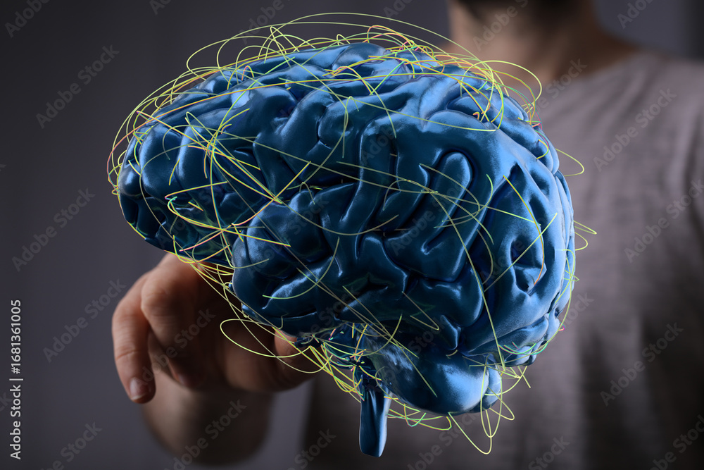 Poster high-resolution 3d render of a human brain with highlighted neural pathways. ideal for medical, tech
