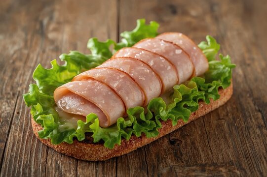 Slices of cured pork with leafy greens, rye loaf, and cheese on rustic wood surface