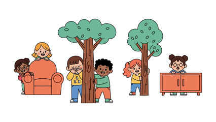 Children's Hide and Seek: A vibrant illustration captures the playful spirit of children during a game of hide-and-seek, where young ones conceal themselves behind objects, trees, and furniture.