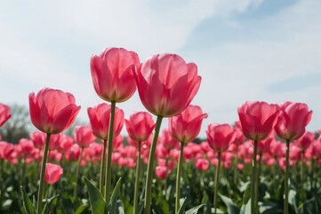 Vibrant pink tulip meadows in a scenic spring landscape, abstract floral nature background, garden travel theme