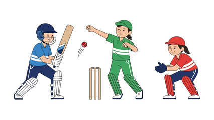 Obraz premium Cricket Kids: Capturing the spirit of cricket, this vibrant illustration showcases young players in action, epitomizing teamwork and sportsmanship on the field.