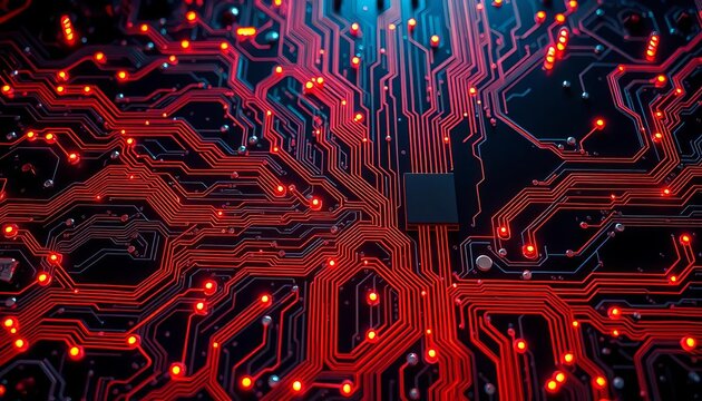 Circuit board with glowing nodes and wires, complex network,  system background,  connection background