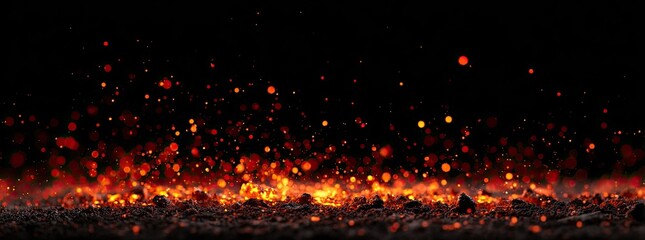 Fiery embers glowing and scattering sparks on dark background