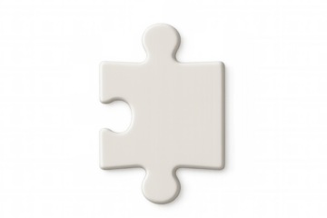 White jigsaw puzzle piece symbolizing unique solution, individual strategy, teamwork concept against transparent backdrop