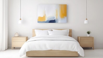 Bedroom Interior with Bed, Nightstands, and Abstract Art