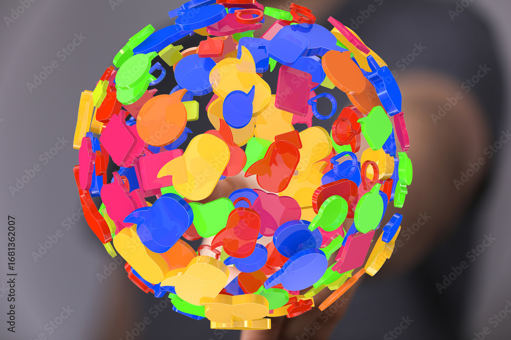Poster abstract 3d rendering of colorful speech bubbles forming a sphere, symbolizing global communication 