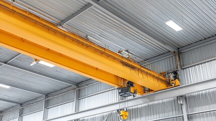 Yellow Overhead Crane Inside Metal Industrial Building Ceiling View