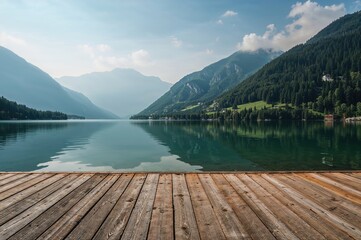 Wide view of foggy hills and a large lake with wooden platform in the front