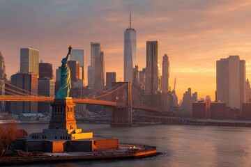 Statue of Liberty at sunset, NYC skyline