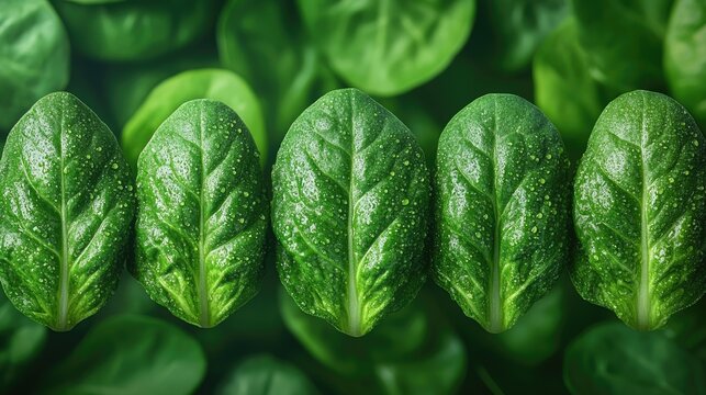 Fresh spinach leaves, aligned row, garden background, healthy eating