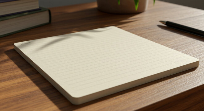 CreamColored Lined Notepad on Wooden Surface with Pen and Books