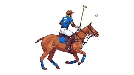Polo Player in Action: An illustration of a polo player expertly maneuvering his horse on a bright, sunny day. The player, poised with mallet, anticipates the next stroke.