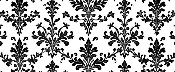 Obraz premium Intricate black floral damask pattern on crisp white background, leaves, textile
