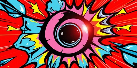 Close-up view of a dynamic zoom effect on a red background featuring comic-style cartoon elements, fun, playful