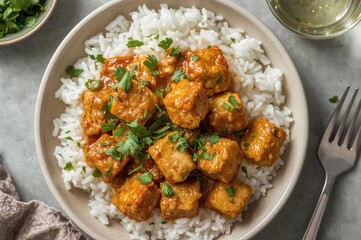 Fototapeta premium Vegan Butter Chicken Style Dish Featuring Tofu Pieces and White Rice Garnished with Cilantro, Nutritious Plant-Based Meal Ideas